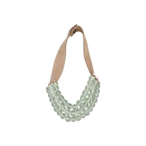 New Handmade Green Krobo Beaded Necklace On Tan Leather Strap